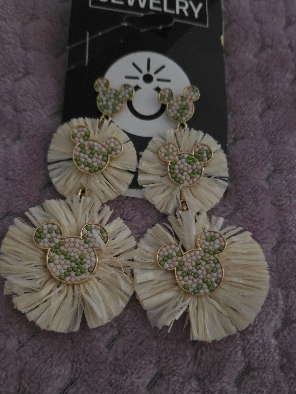 BaubleBar Cream Raffia Drop Earrings with Pink & Green Beaded Mickey Motifs